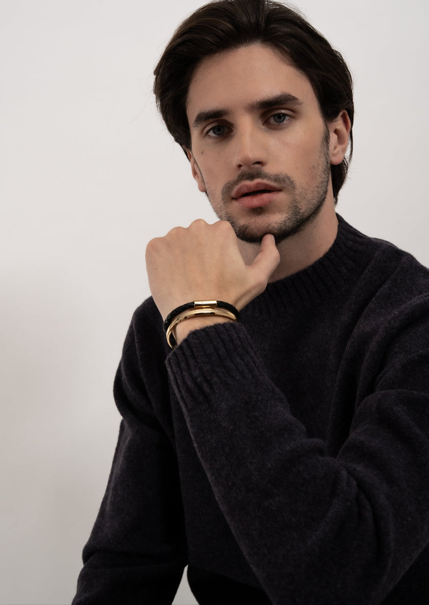 Olympus Black Leather Bracelet with Gold-Plated Finish