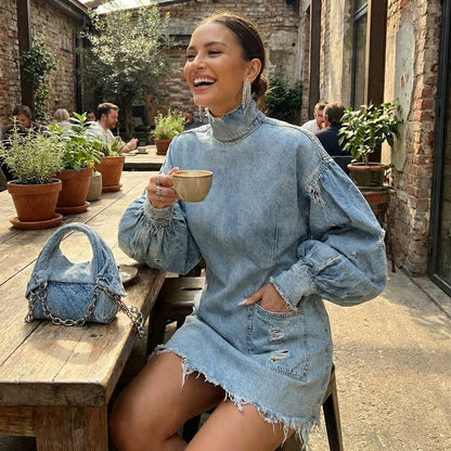 OLYMPUS Vintage Denim High-Neck Dress