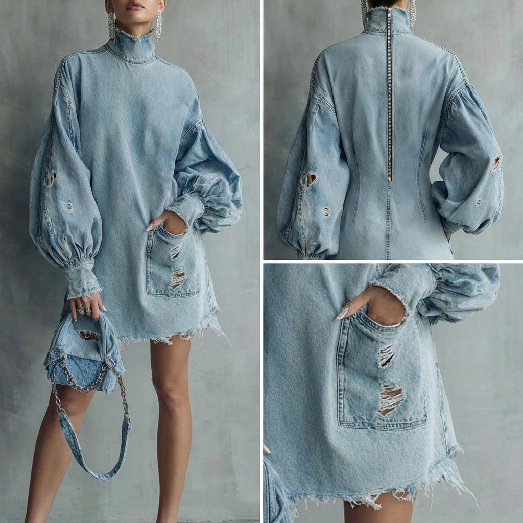 OLYMPUS Vintage Denim High-Neck Dress