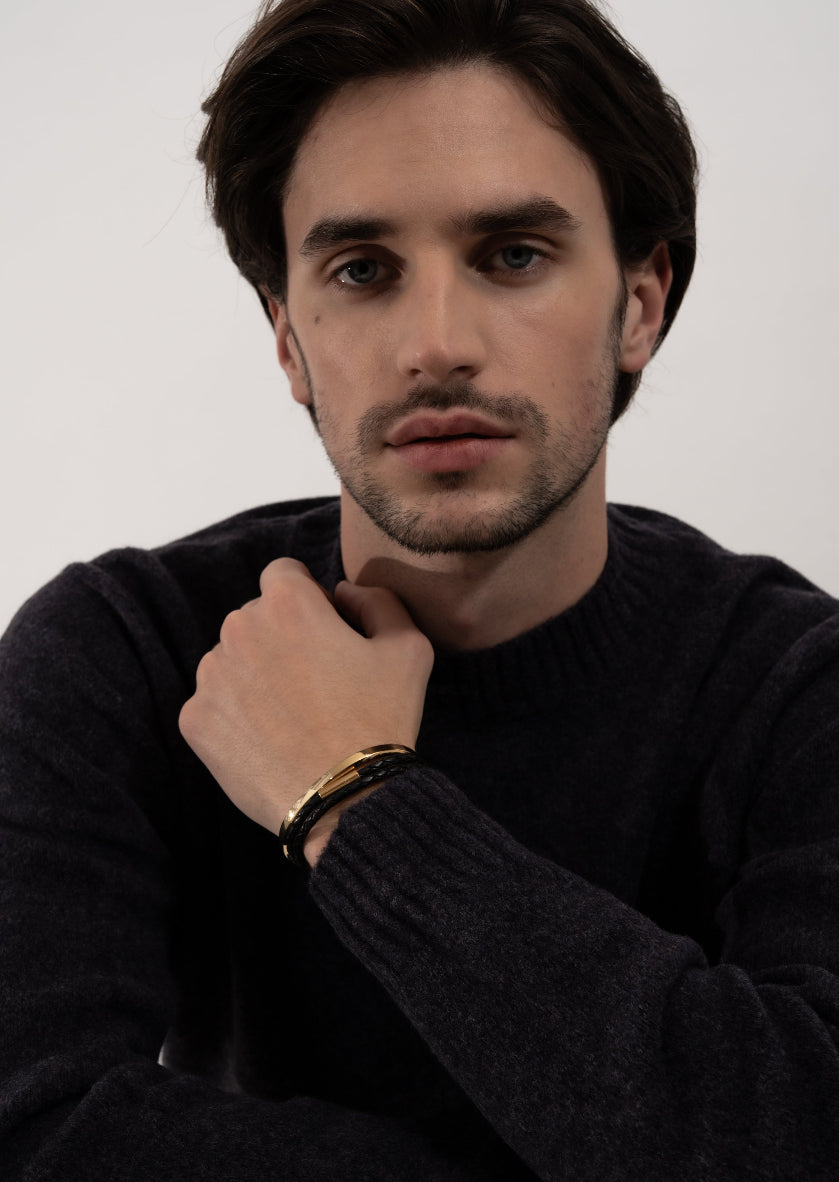 Olympus Black Leather Bracelet with Gold-Plated Finish