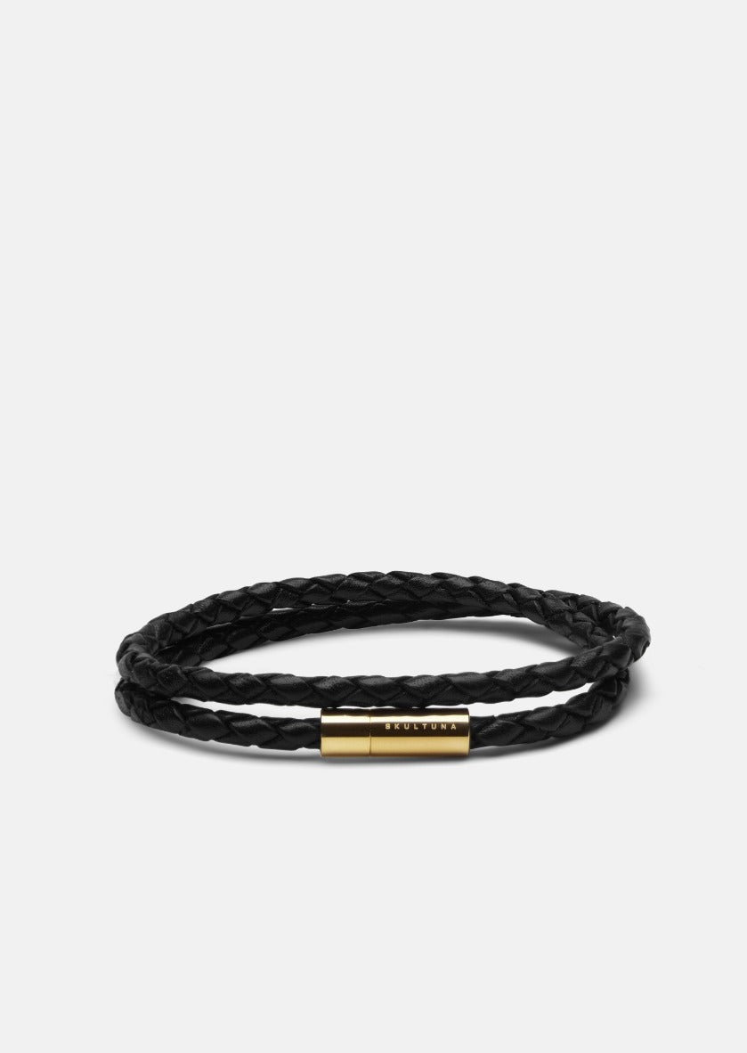 Olympus Black Leather Bracelet with Gold-Plated Finish