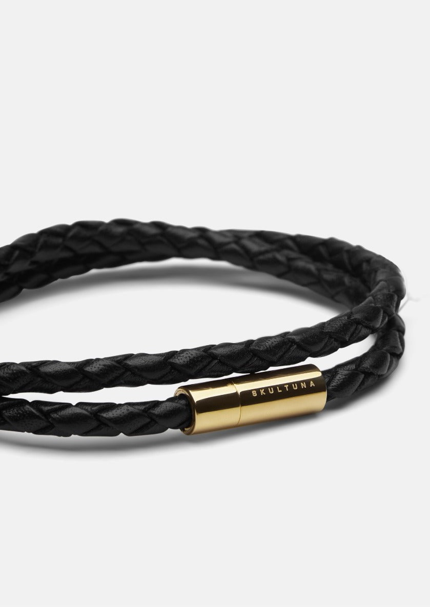 Olympus Black Leather Bracelet with Gold-Plated Finish